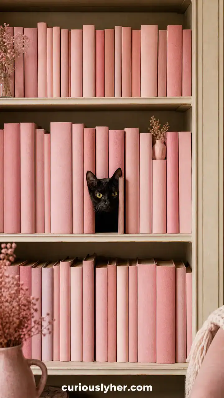 7. A Bookshelf Styled With Pink Spines Facing Out And A Little Black Cat Peeking Through