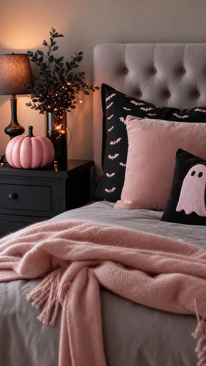 8. Pink Halloween Accents For The Bedroom With A Blush Throw And One Pink Pumpkin On The Nightstand