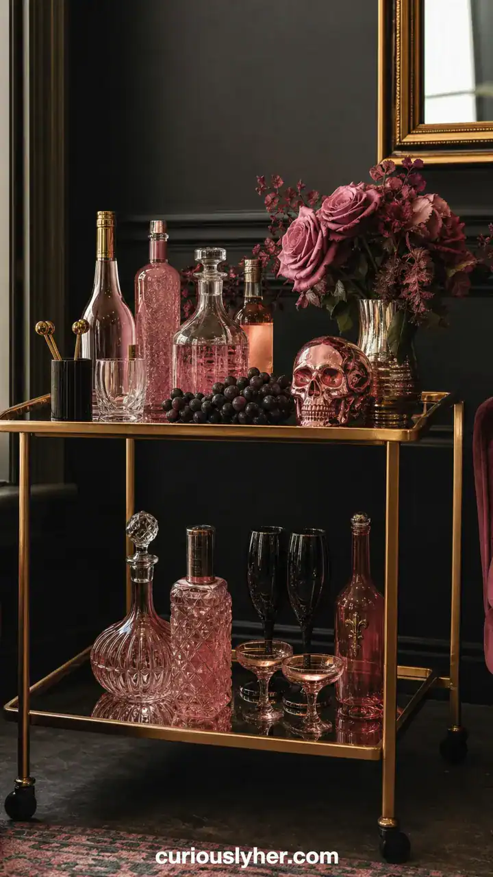 9. A Bar Cart Dressed In Pink Bottles, Black Grapes, And A Rose-Colored Skull