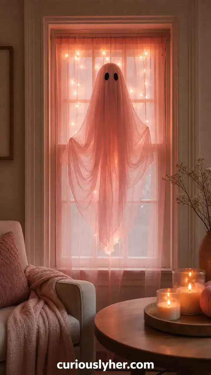 10. Pink Ghost Decor In The Window With Sheer Blush Fabric And Fairy Lights Behind It