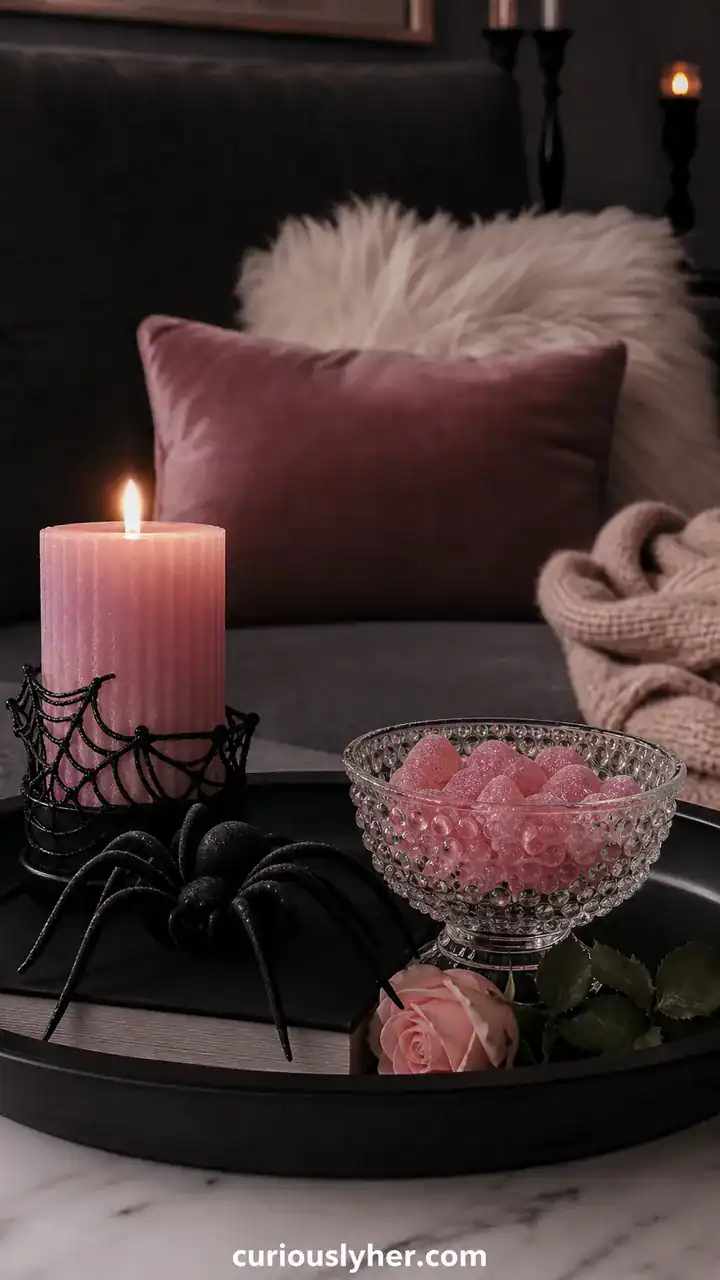 11. A Coffee Table Tray With A Pink Candle, A Black Spider, And A Bowl Of Pink Candy