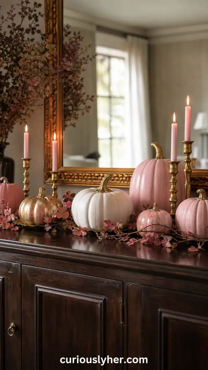 12. Pink And Gold Halloween Styling On The Sideboard With Painted Pumpkins And Brass Candlesticks