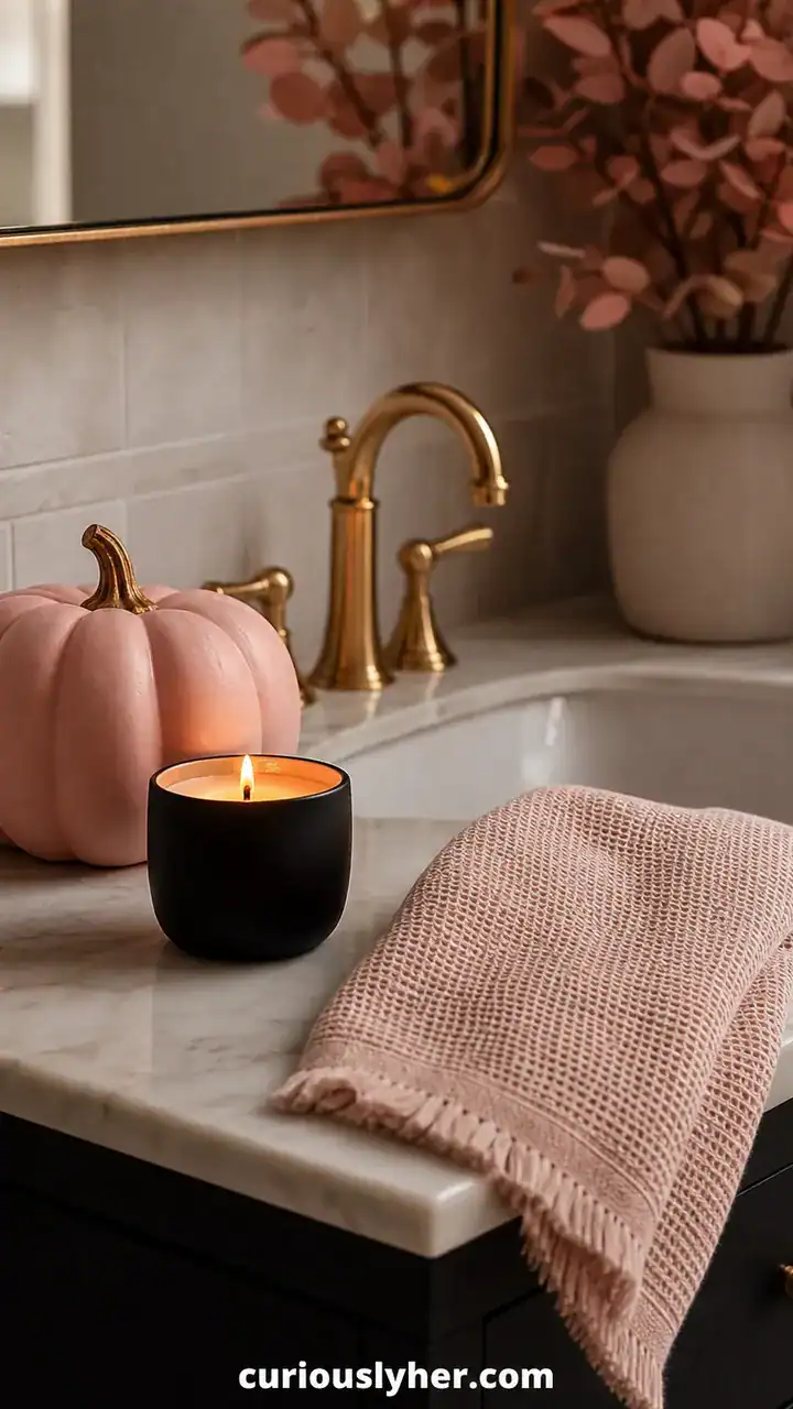 13. A Bathroom Counter With One Pink Pumpkin, A Black Candle, And A Blush Hand Towel