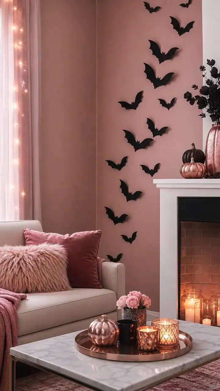 14. Rose Pink Halloween Decor For Rentals With Peel-And-Stick Bats Climbing Up One Wall
