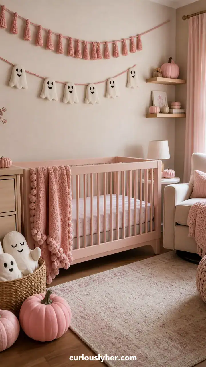 15. A Nursery Or Kid’s Room With Pink Pumpkins, Friendly Ghosts, And A Pink Garland