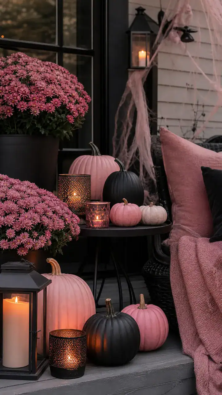 16. Dusty Pink Halloween Styling On The Patio With Pink Mums In Black Pots