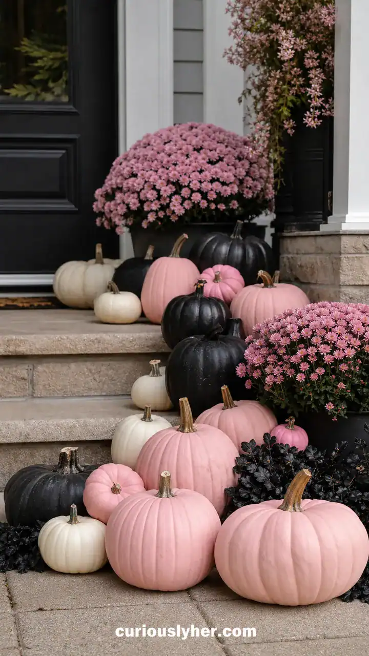 17. A Pink Pumpkin Patch Display Along The Front Steps With Pink, Cream, And Black Pumpkins Mixed Together