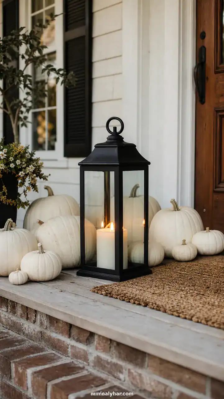 1. A Front Porch Lined With Plain White Pumpkins And One Black Lantern