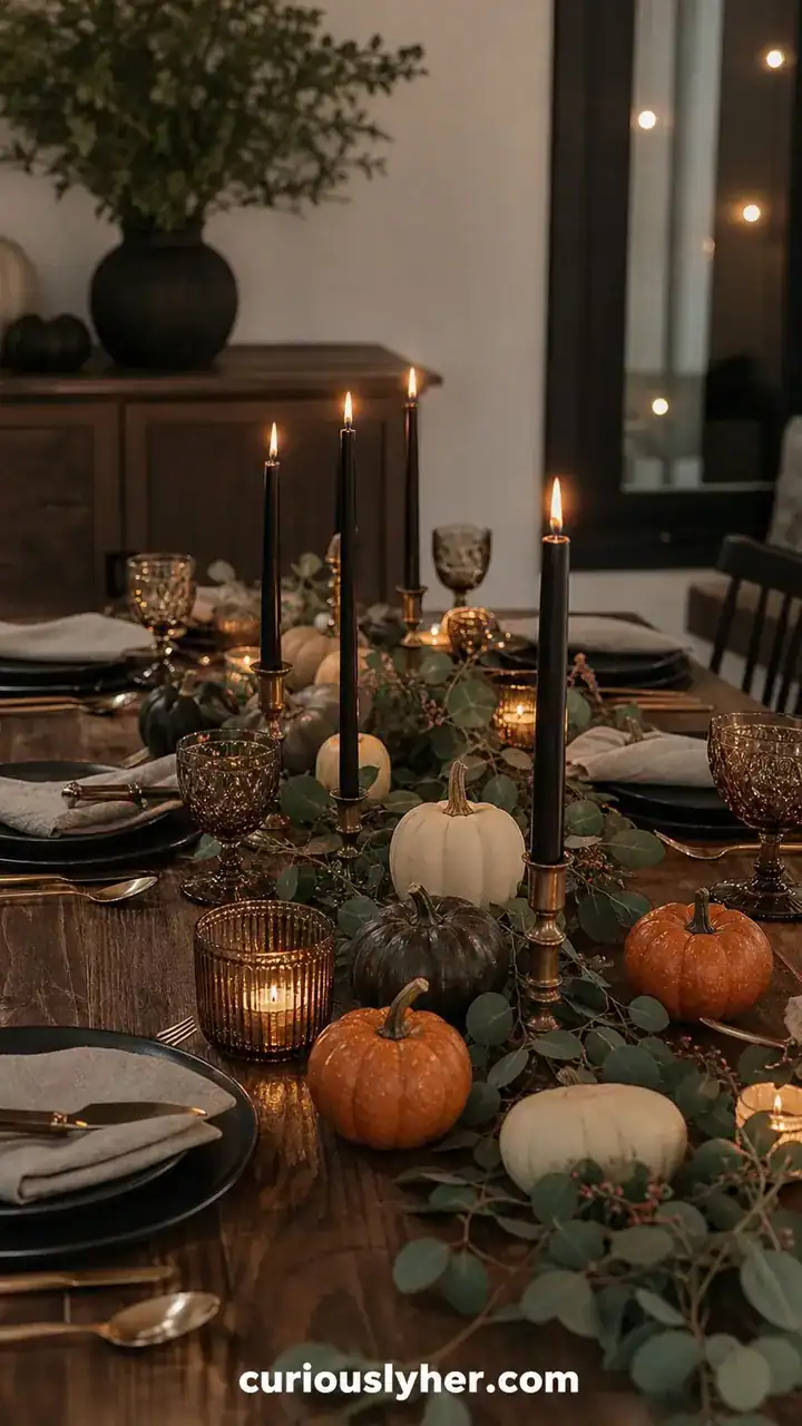 3. A Dining Table With Black Taper Candles And A Few Tiny Pumpkins Down The Middle