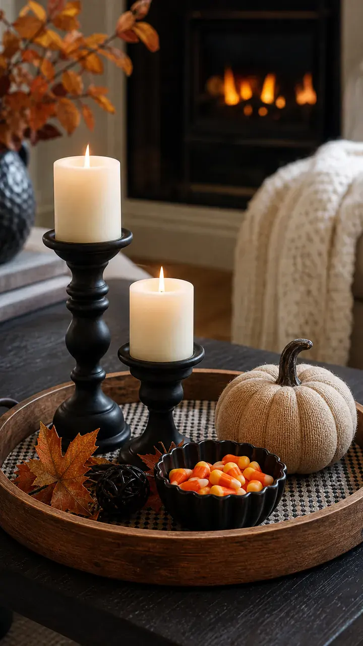 7. A Coffee Table Tray With Black Candle Holders And A Little Bowl Of Candy Corn