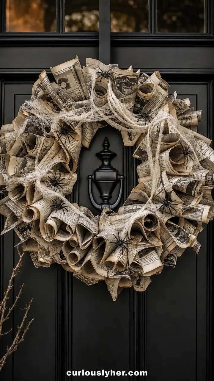7. A Haunted Newspaper Wreath on Your Front Door