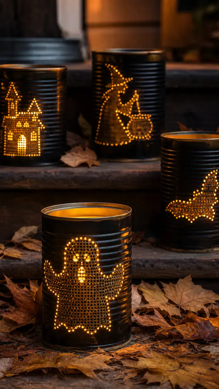 8. Eerie Tin Can Lanterns With Little Spooky Cutouts