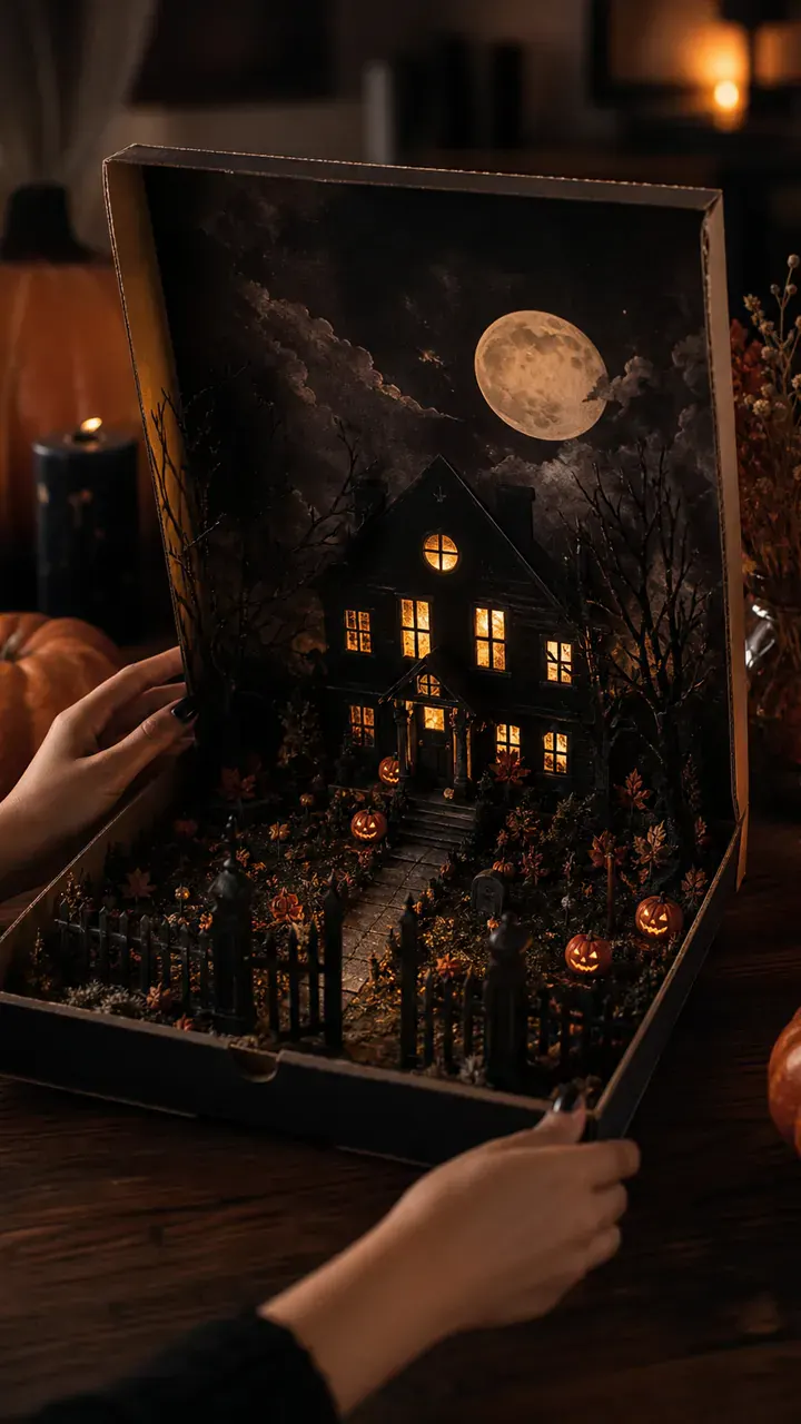 15. A Haunted Pizza Box Haunted House Scene on Your Table