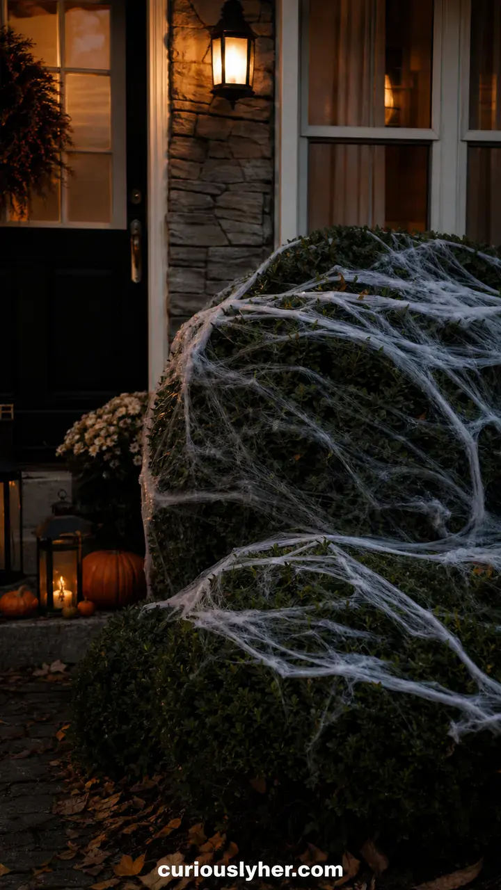 4. A Spooky Cobweb Blanket Draped Over Your Front Bushes