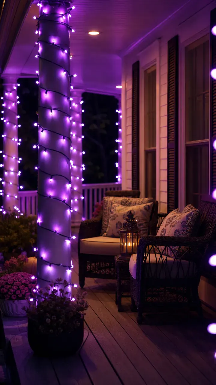 5. Glowing Purple Lights Wrapped Around Your Porch Columns
