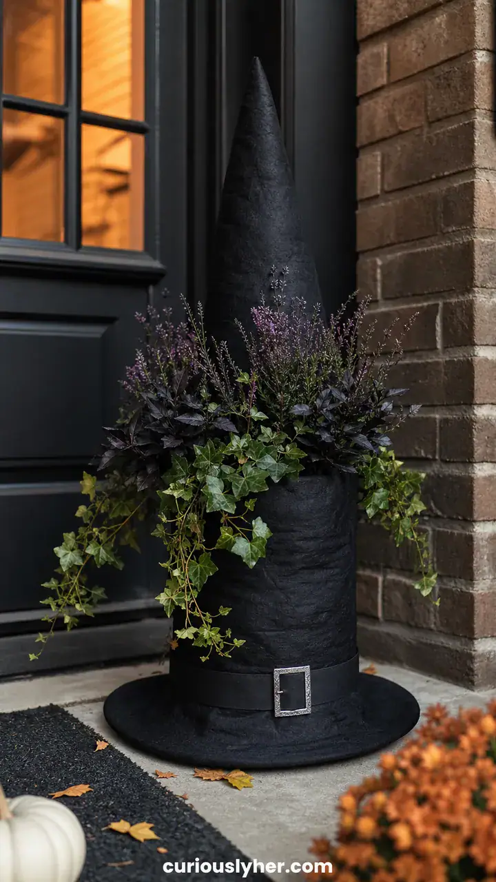 7. A Tall Black Witch Hat Planter at Your Front Door