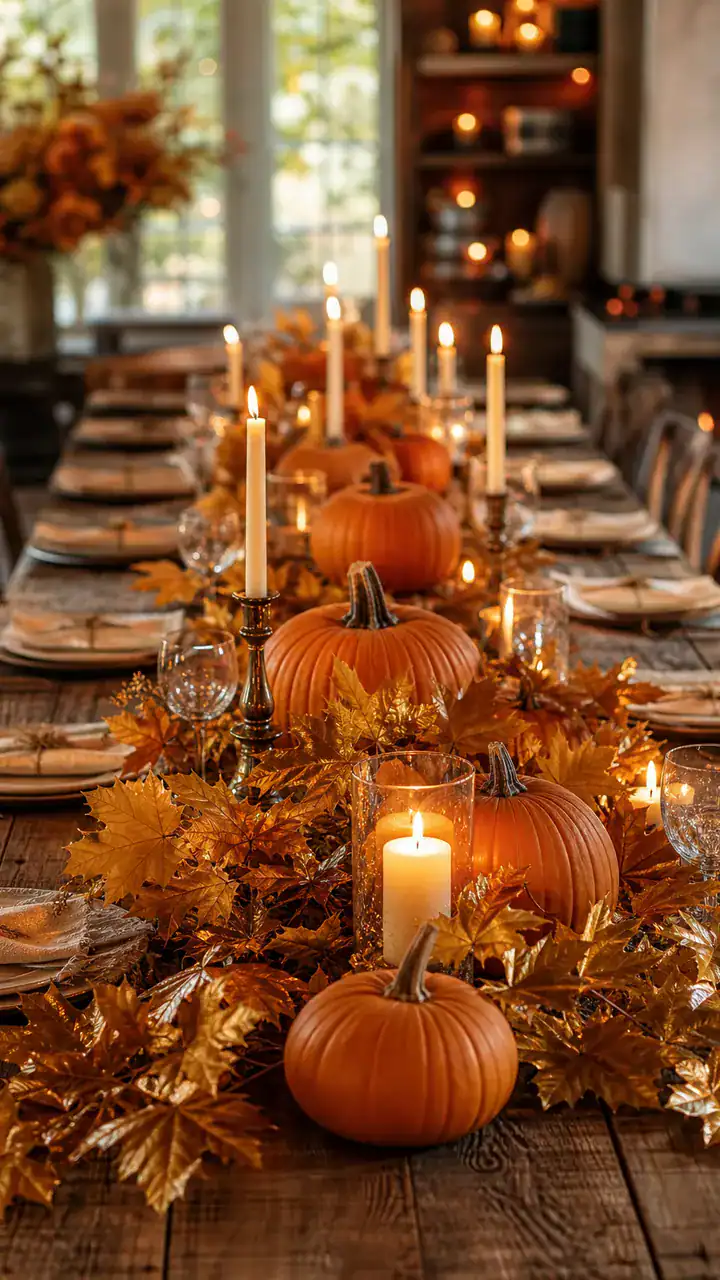 1. A Long Harvest Table Lined With Pumpkins, Candles, And Golden Leaves