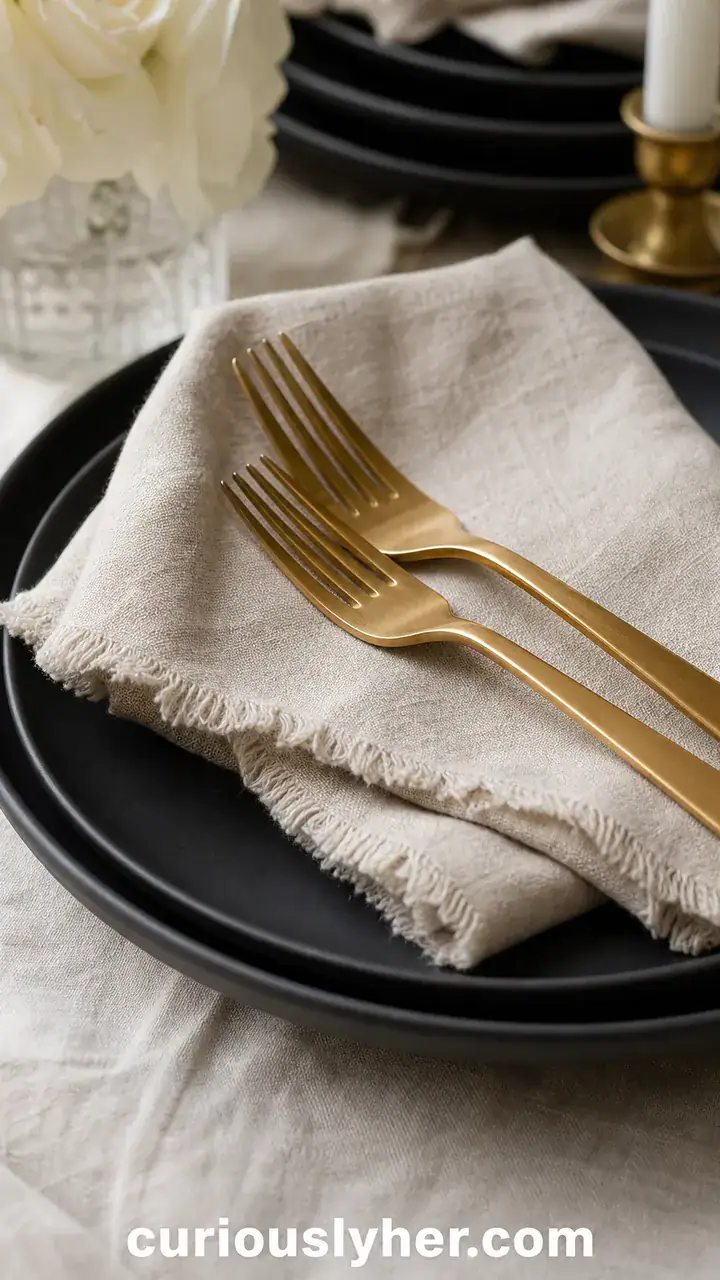 2. The Matte Black Plates Stacked With Cream Linen Napkins And Gold Forks