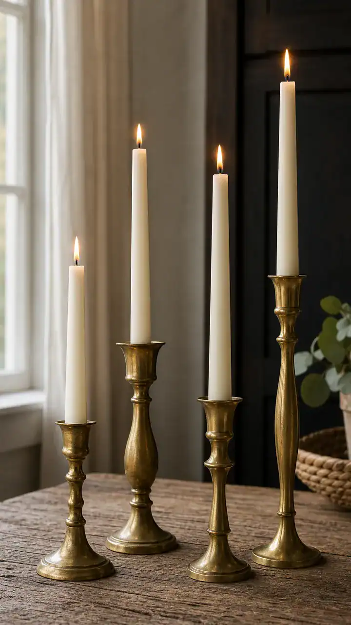4. Your Taper Candles Standing Tall In Mismatched Brass Candlesticks
