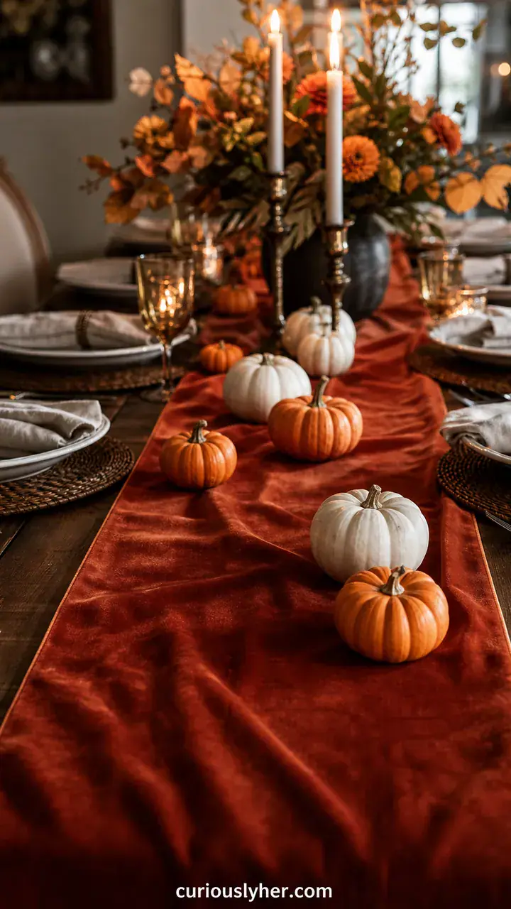 5. A Velvet Rust Colored Table Runner With Mini Pumpkins Scattered Across