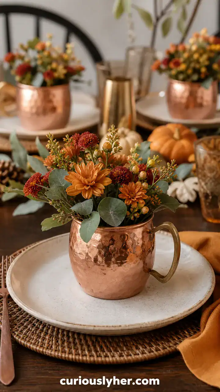 6. The Copper Mug Place Settings Filled With Tiny Autumn Blooms
