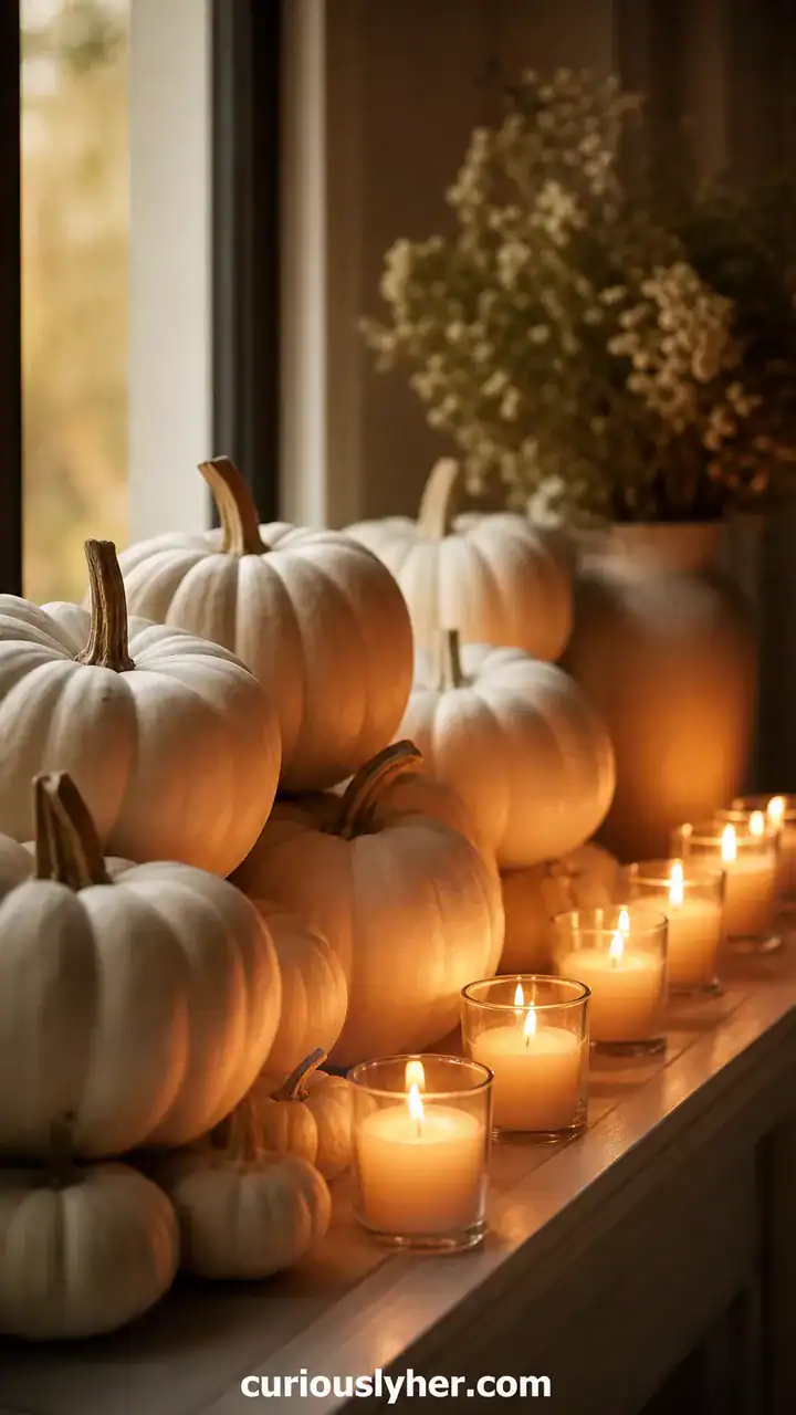 7. A Cluster Of White Pumpkins Glowing Beside A Row Of Votive Candles