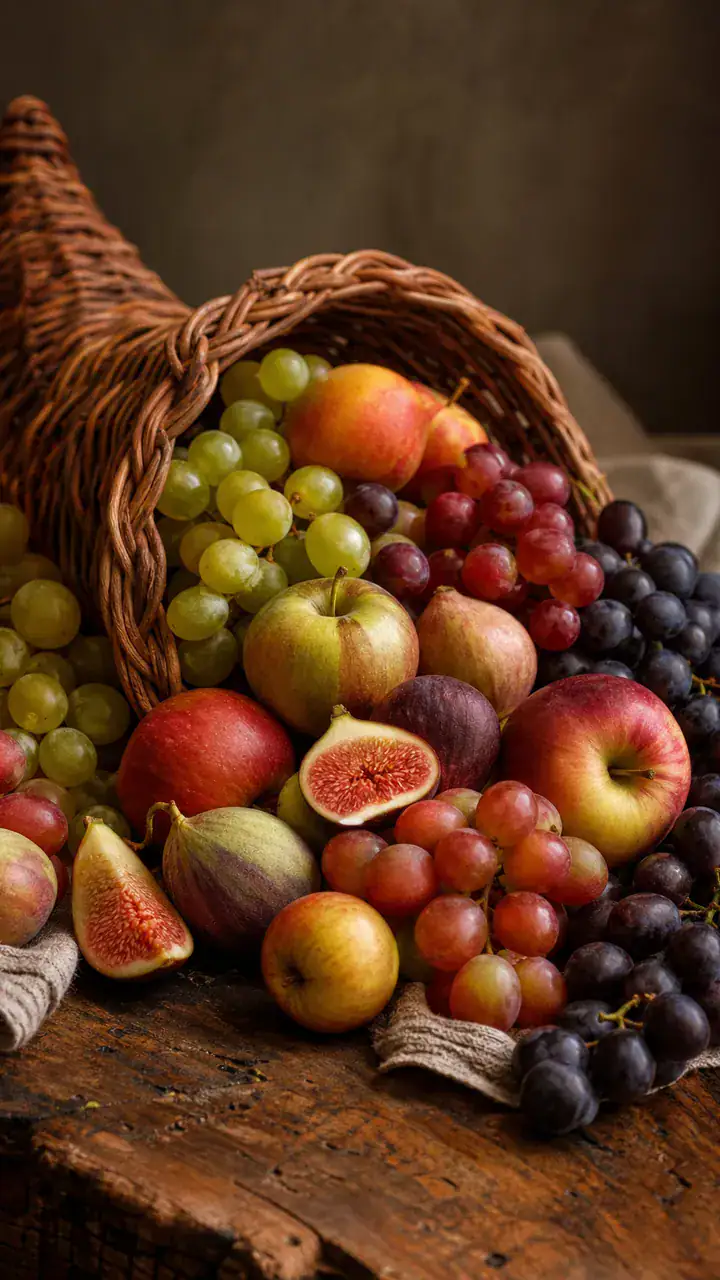9. A Cornucopia Basket Spilling With Apples, Grapes, And Fresh Figs