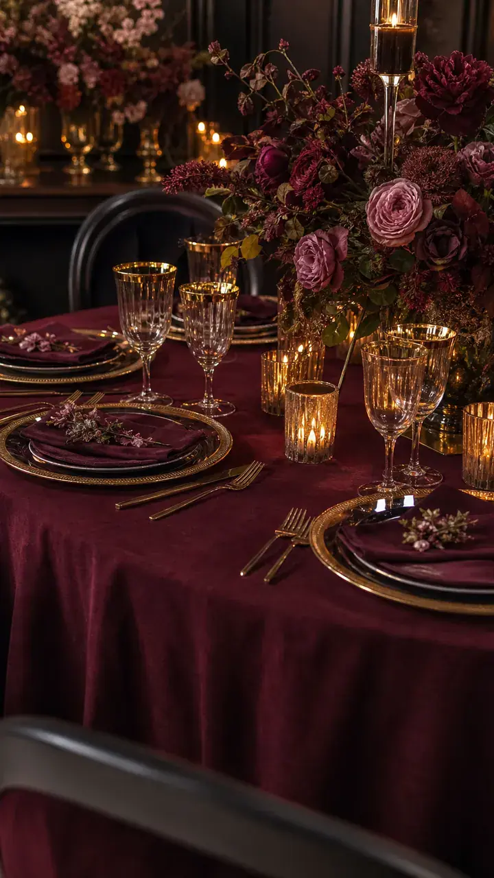 10. The Moody Burgundy Tablecloth With Gold Rimmed Glasses At Every Seat