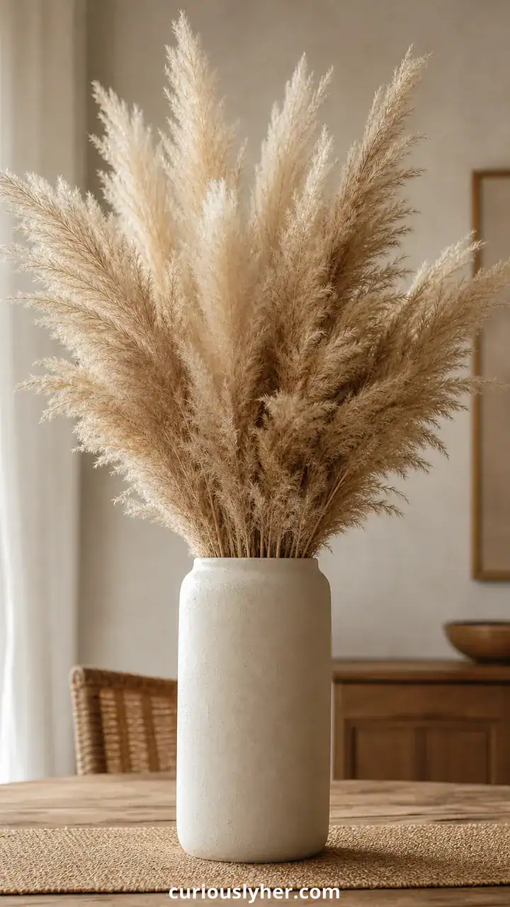 11. A Pampas Grass Centerpiece Standing In A Tall Cream Vase