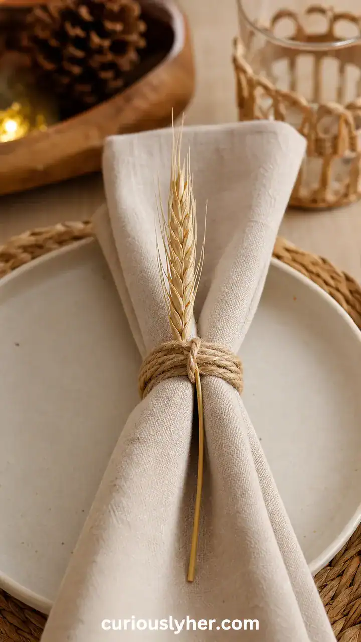 12. Your Napkin Rings Made Of Twine And A Single Dried Wheat Stalk