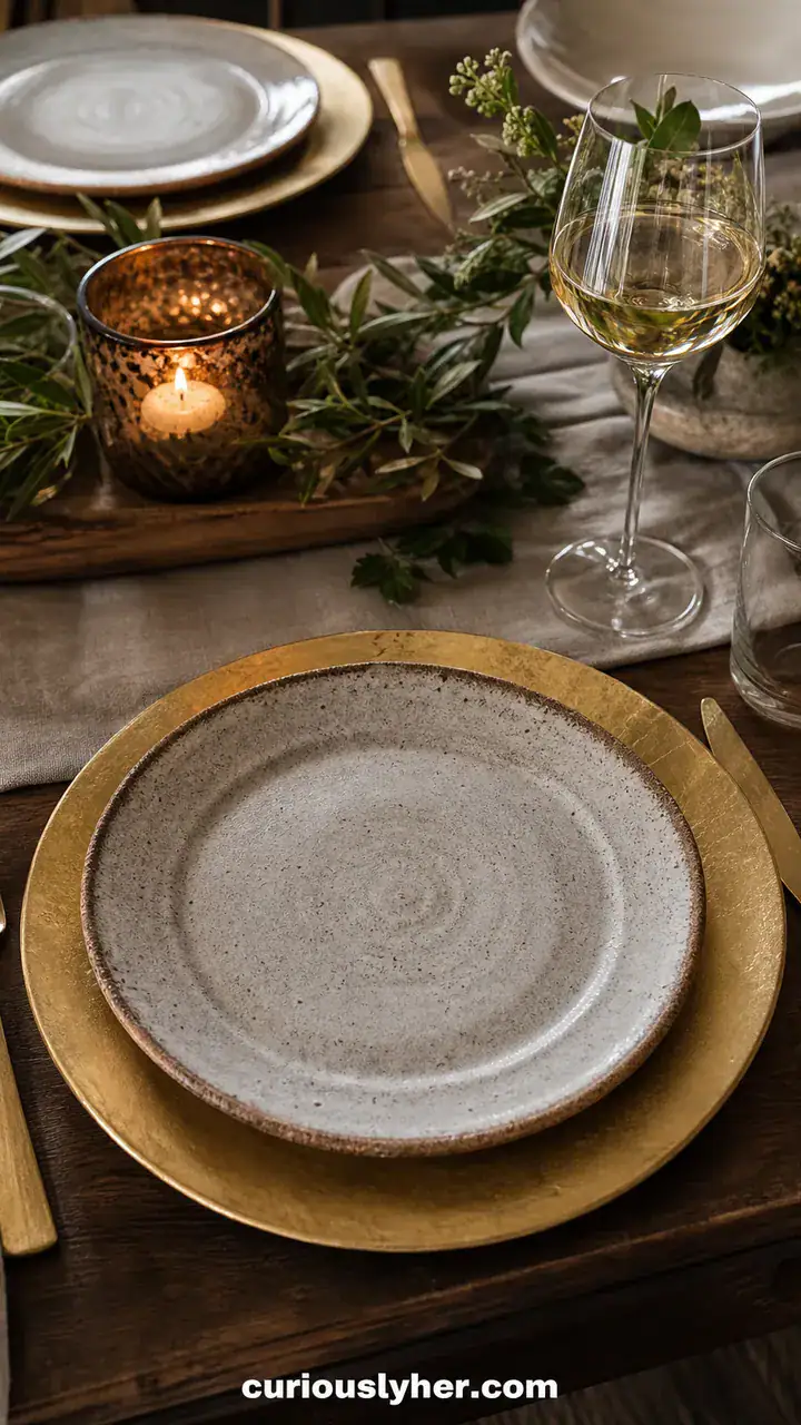 13. A Gold Charger Plate Under A Rustic Stoneware Dinner Plate