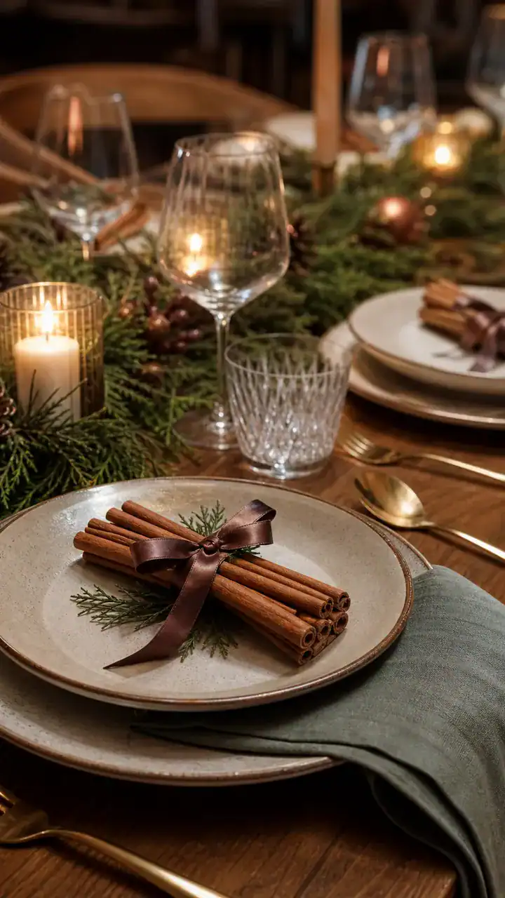 14. The Cinnamon Stick Bundles Tied With Ribbon On Top Of Every Plate