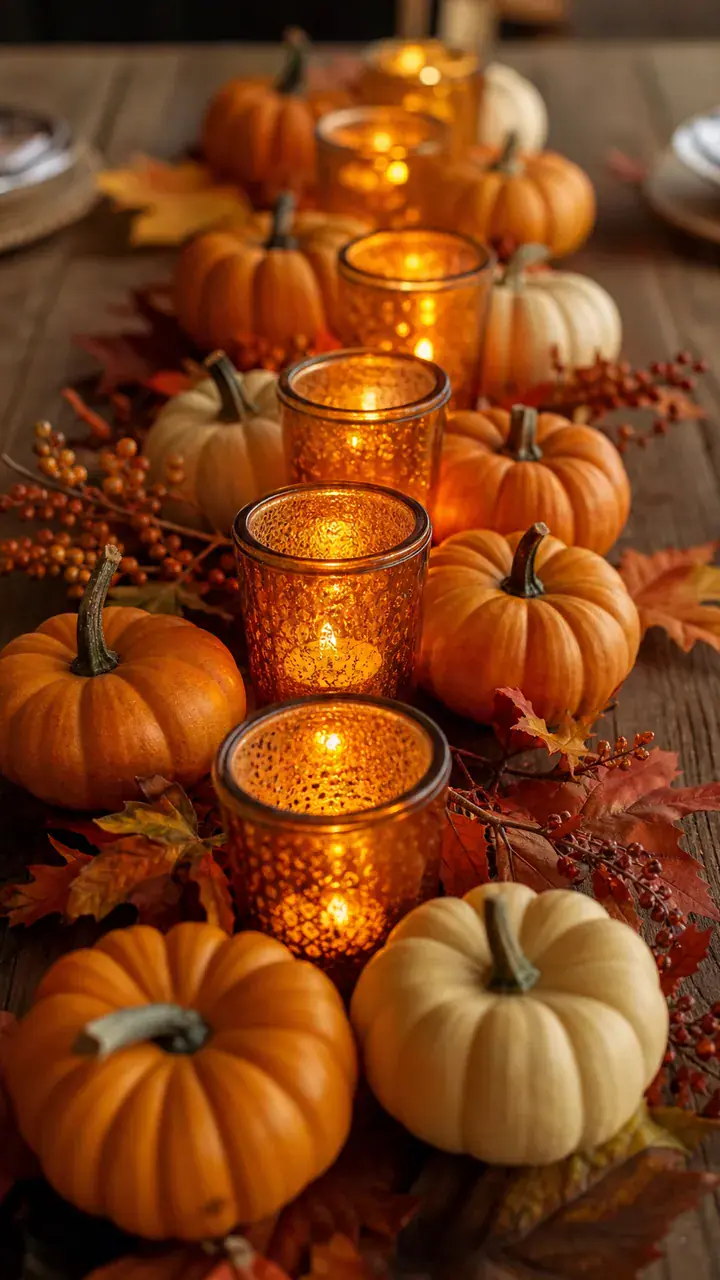 15. A Glowing Row Of Amber Glass Votives Between Tiny Pumpkins