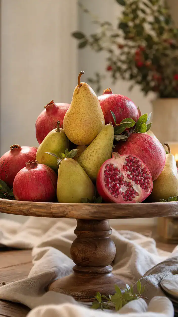 16. Your Pomegranate And Pear Centerpiece Piled High On A Wooden Pedestal
