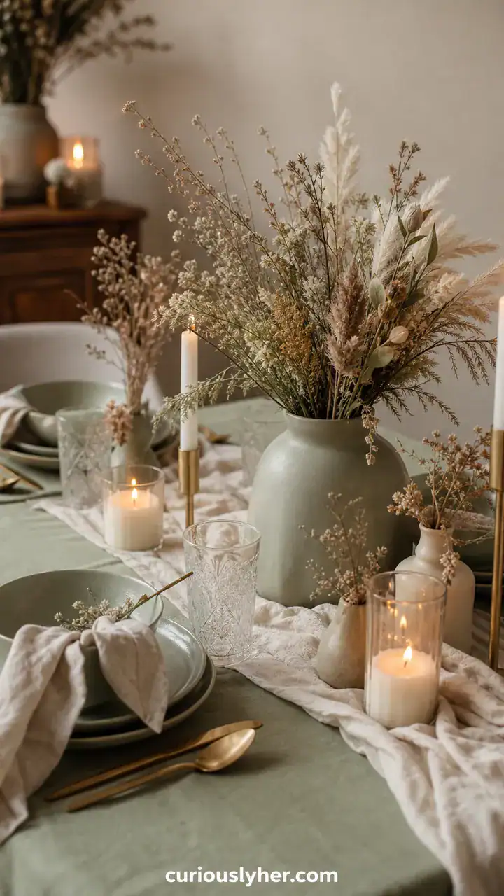 17. A Sage Green And Cream Table With Dried Florals And Soft Candlelight
