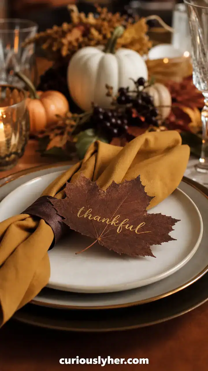 18. The Thankful Leaf Place Cards Written In Gold Ink At Each Seat