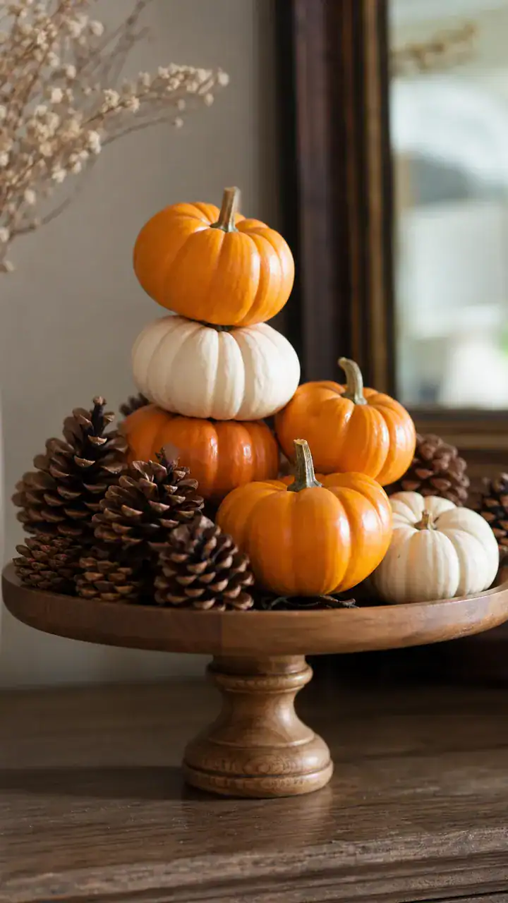 19. A Wooden Cake Stand Holding A Stack Of Mini Pumpkins And Pinecones