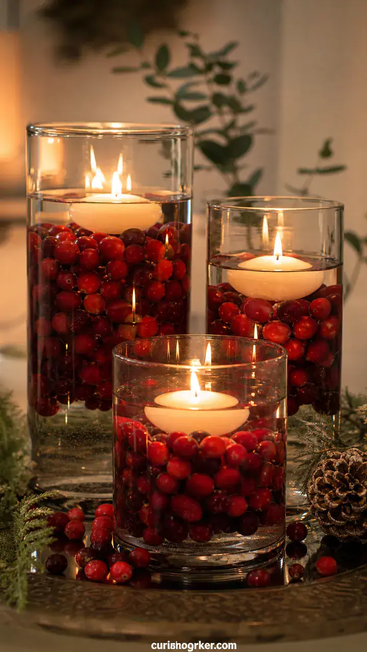 22. The Cranberry Filled Glass Vases With Floating Candles On Top