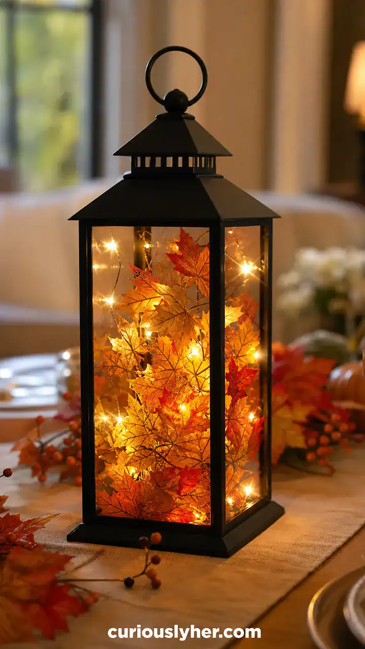 23. A Lantern Centerpiece Glowing With Faux Leaves And Warm Fairy Lights