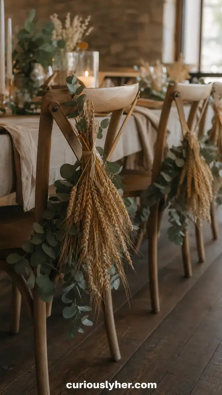 25. A Wheat And Eucalyptus Bundle Draped Across The Back Of Each Chair