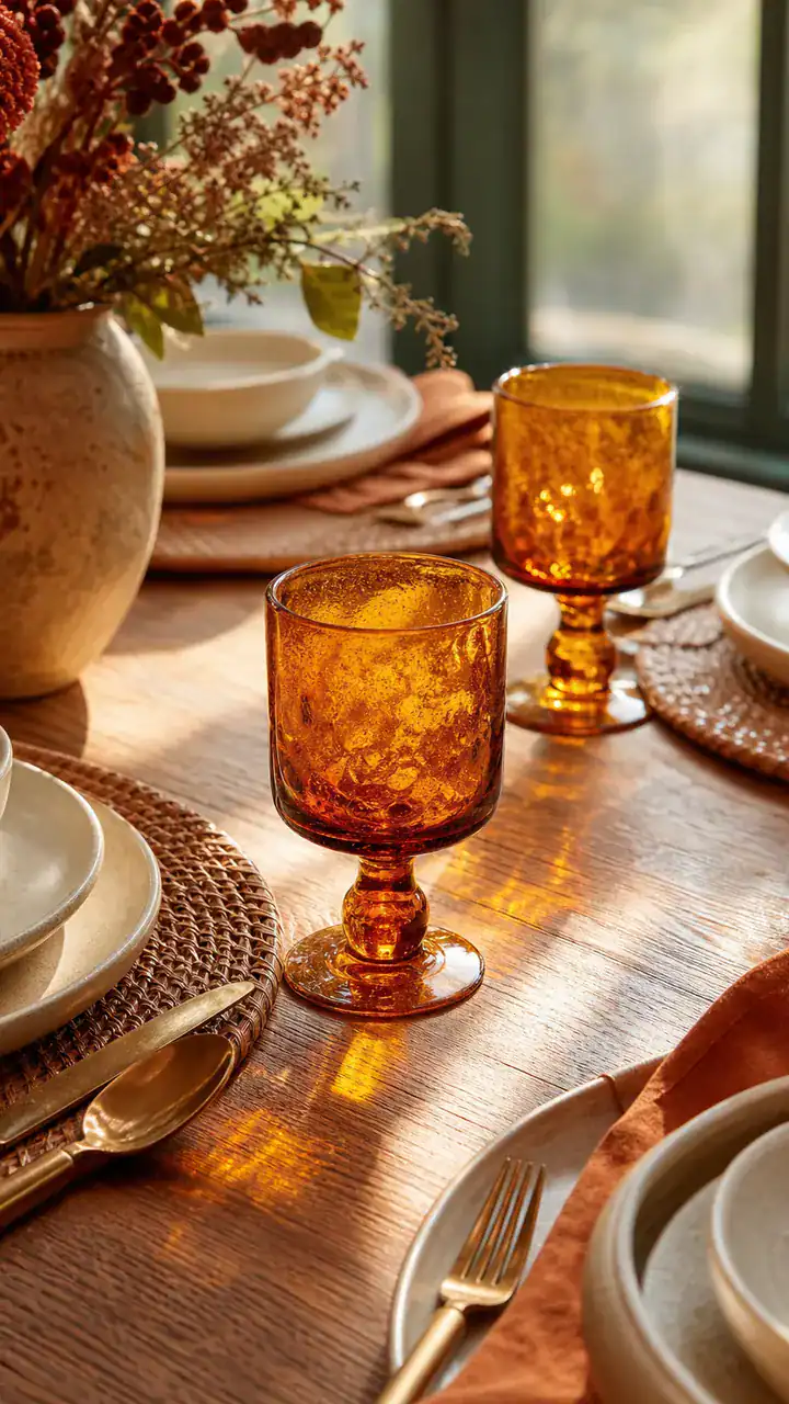 26. The Burnt Orange Glassware Catching The Light Next To Every Plate