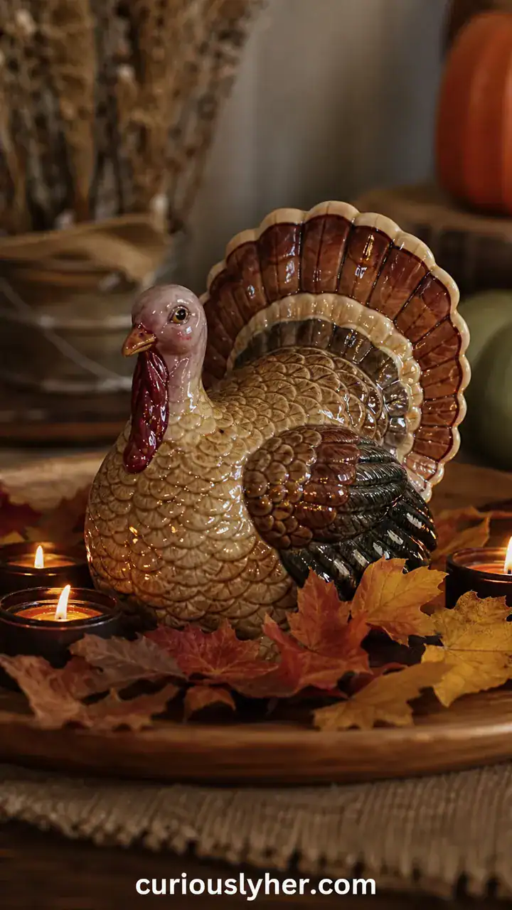 27. A Ceramic Turkey Figurine Surrounded By Leaves And Little Candles