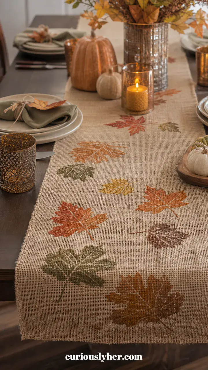 1. A Burlap Table Runner With Hand-Stamped Autumn Leaves