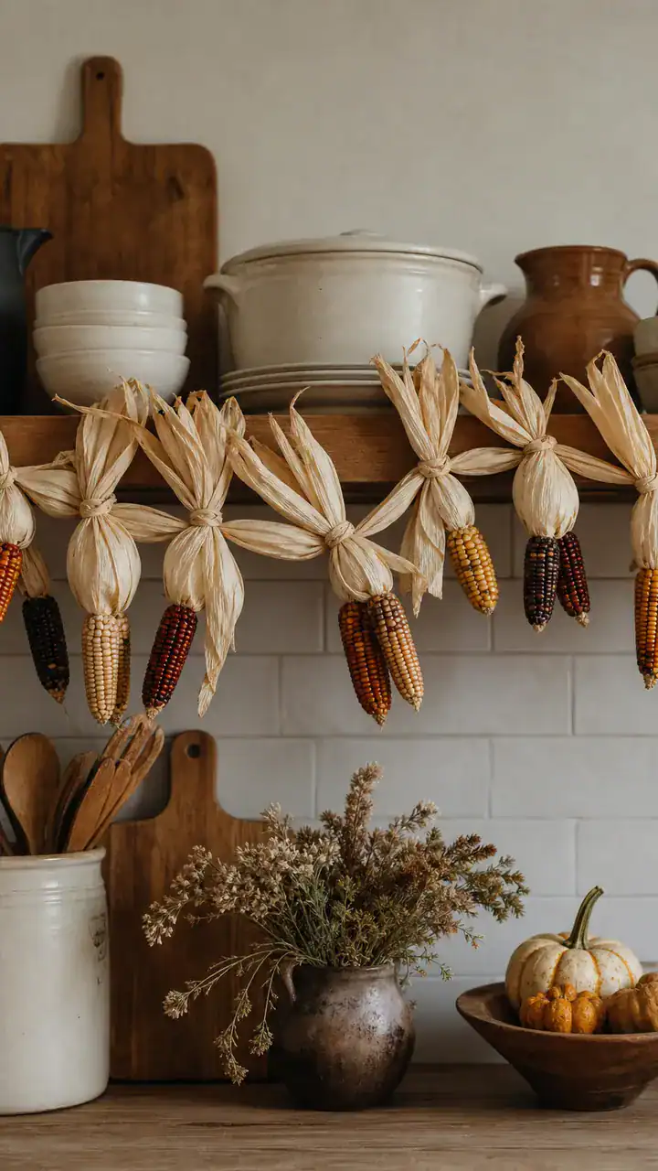 5. A Dried Corn Husk Garland Draped Across The Kitchen Shelf
