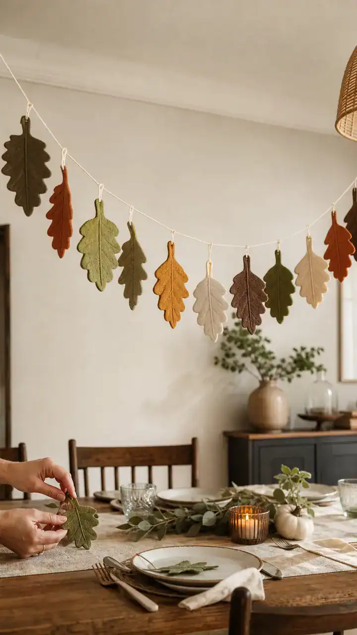 7. A Felt Leaf Garland Swaying Above The Dining Table