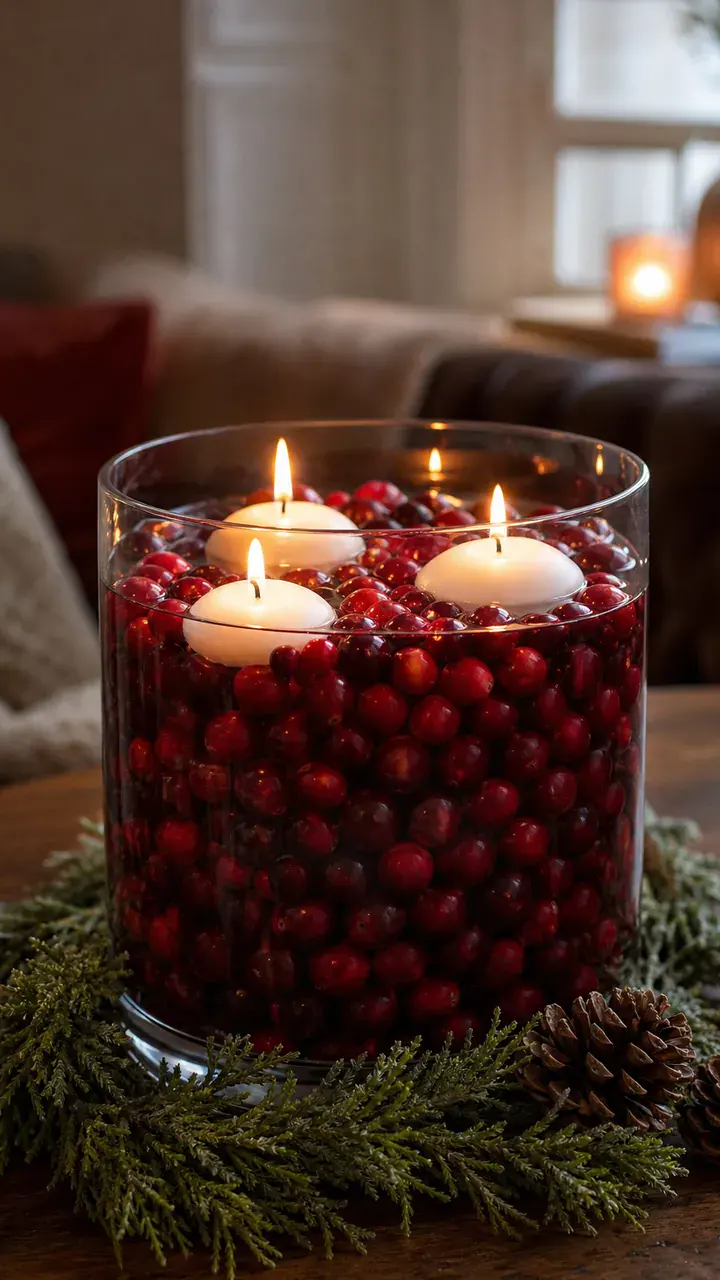8. Your Glass Vase Filled With Cranberries And Floating Candles