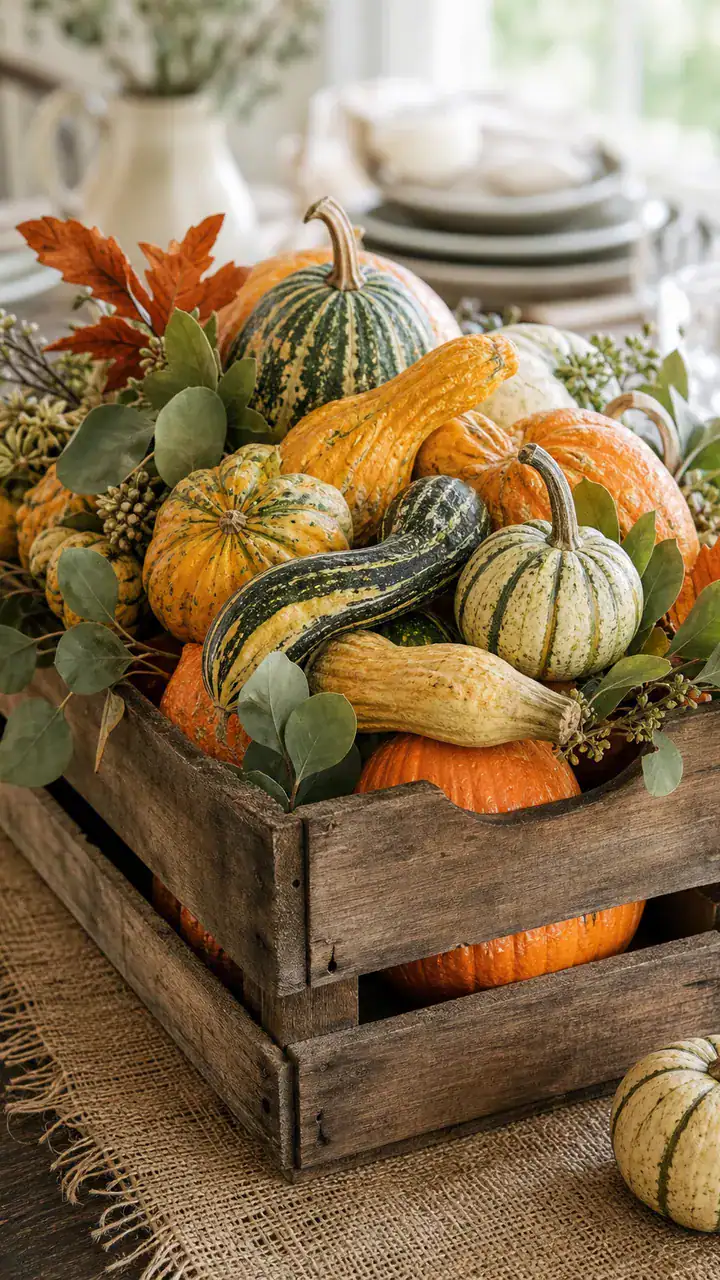 10. The Rustic Wooden Crate Centerpiece Overflowing With Gourds
