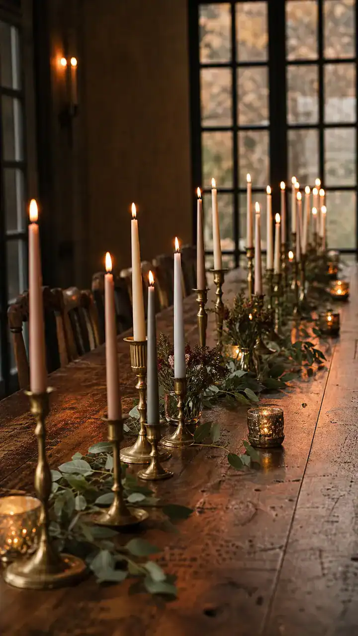 1. A Long Wooden Table Lined With Tapered Candles In Mismatched Brass Holders
