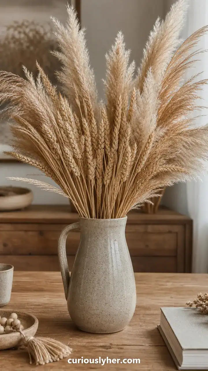 2. The Pampas Grass And Dried Wheat Centerpiece Standing Tall In A Tall Stoneware Jug