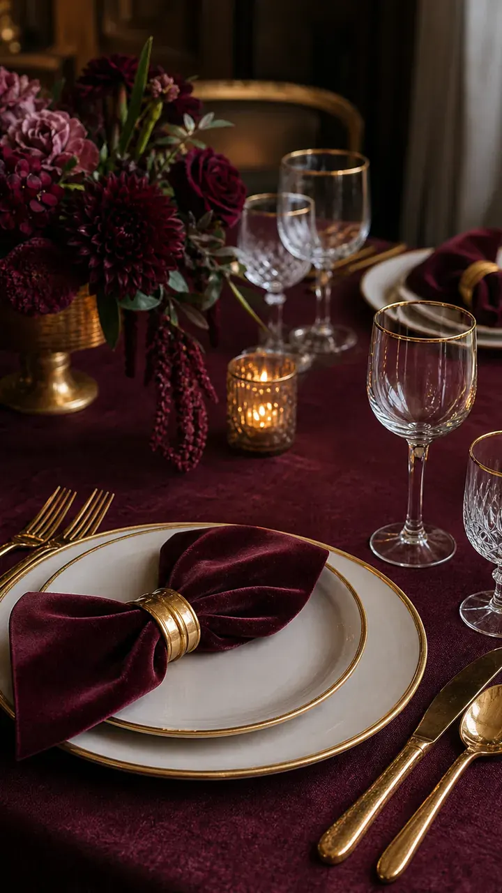 3. A Moody Burgundy Tablecloth With Gold Rimmed Plates And Velvet Napkins